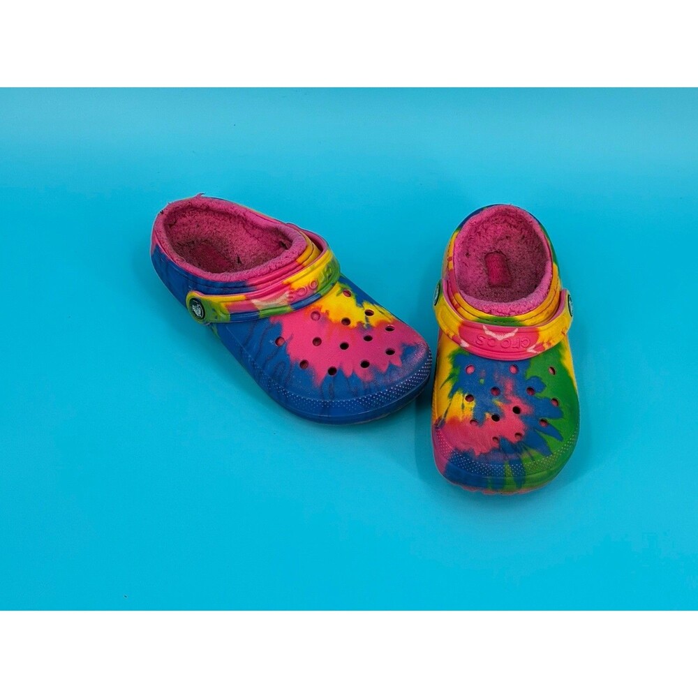 Crocs Classic Lined Clog Kids J3 Multicolor Tie Dye Pink Blue Fuzzy Slip On